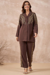 Brown Contrast Embellished Co-Ord Set