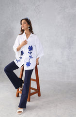 White Blue Petal Floral Embroidered Shirt