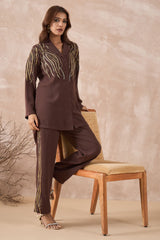 Brown Contrast Embellished Co-Ord Set