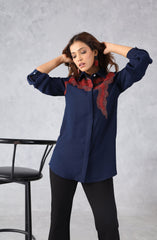 Navy Blue & Red Abstract Embellished Shirt