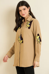Beige Embellished Button Down Shirt