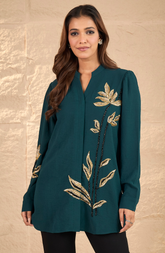Bottle Green Gold Leaf Embellished Shirt