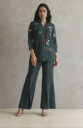 Bottle green co-ord set featuring colorful embroidery with a heartbeat motif