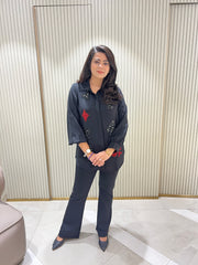 Embellished black cards motif shirt