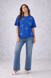 Royal Blue Embellished Bow Detail Casual T-Shirt