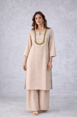 Beige Printed Embellished Kurta Set