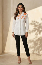White Orange Embroidered Shirt