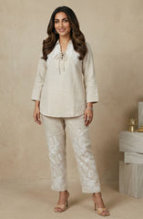 Neutral Cotton Linen Embroidered Co-ord Set