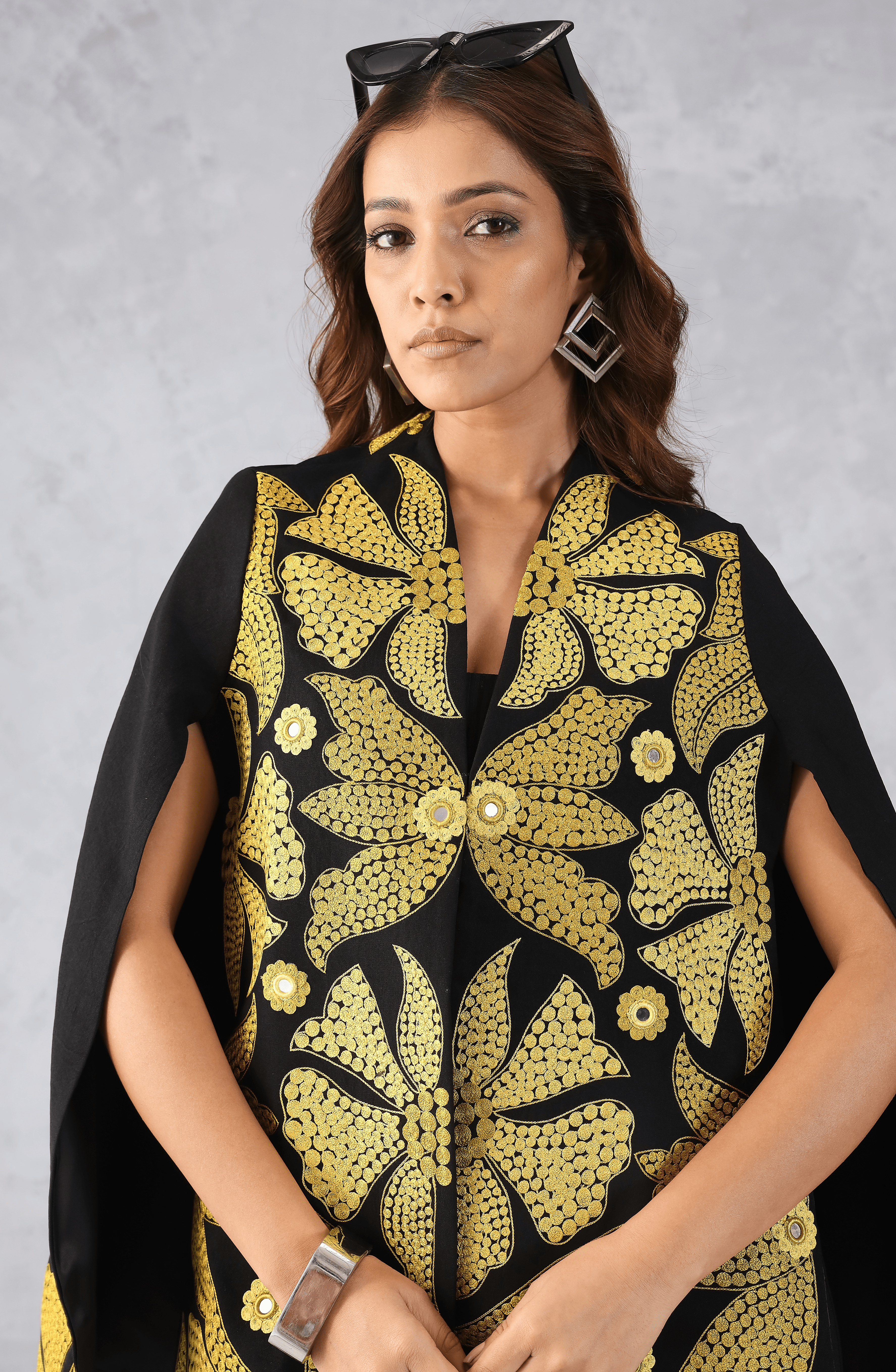 Black & Mustard Embroidered Cape