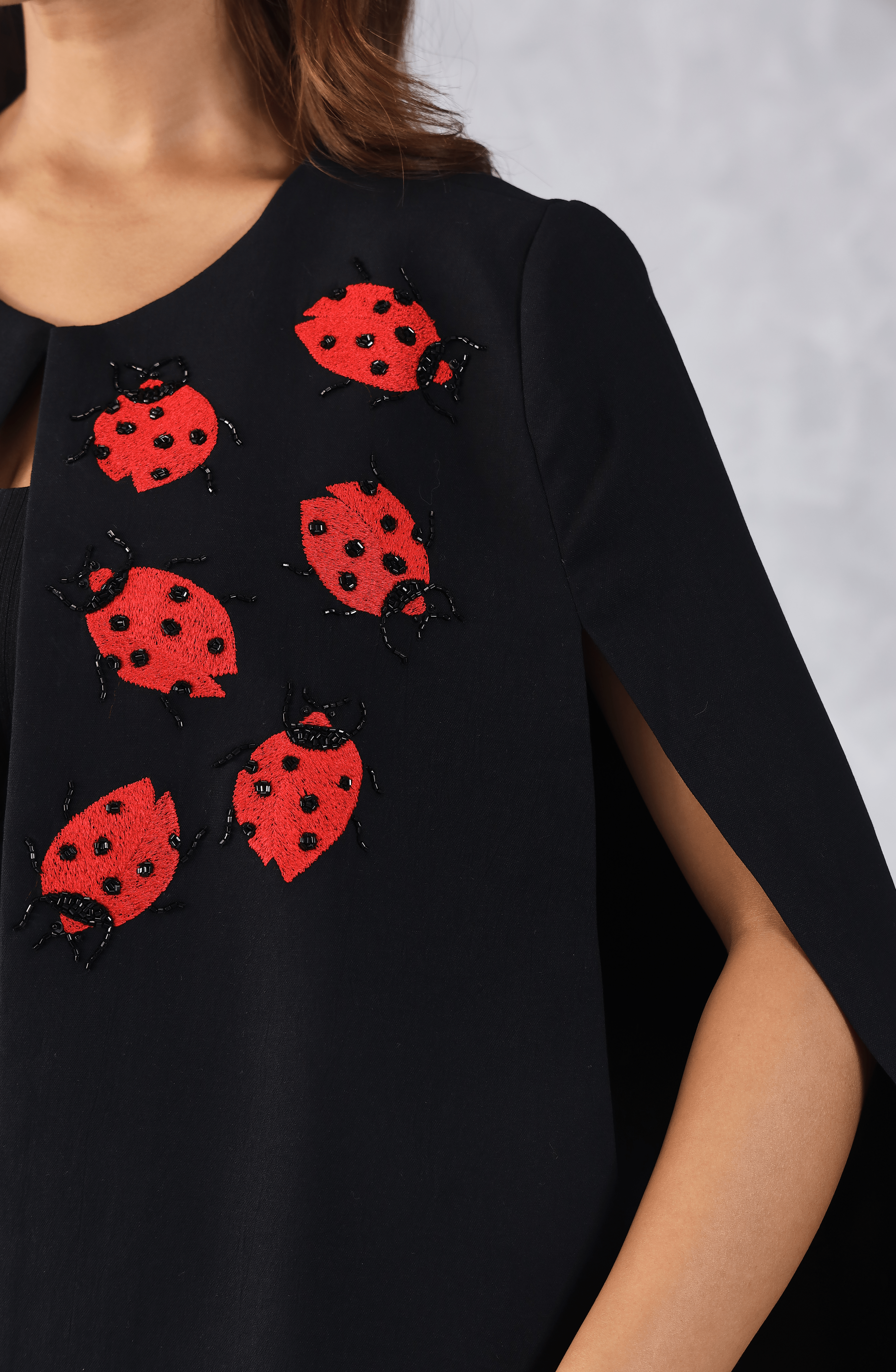 Black Formal Cape with Red Contrast Embroidery