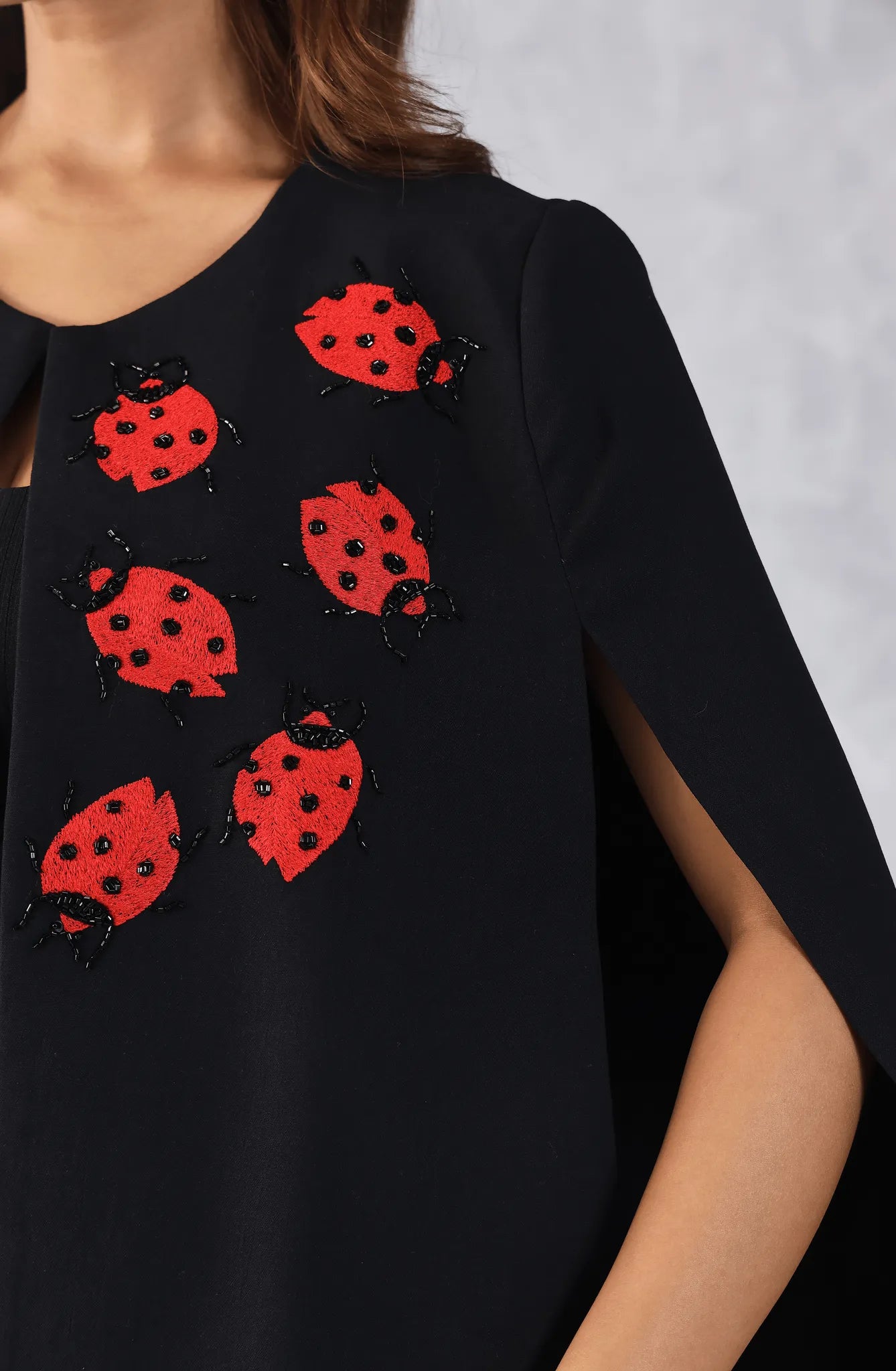 Black Formal Cape with Red Contrast Embroidery