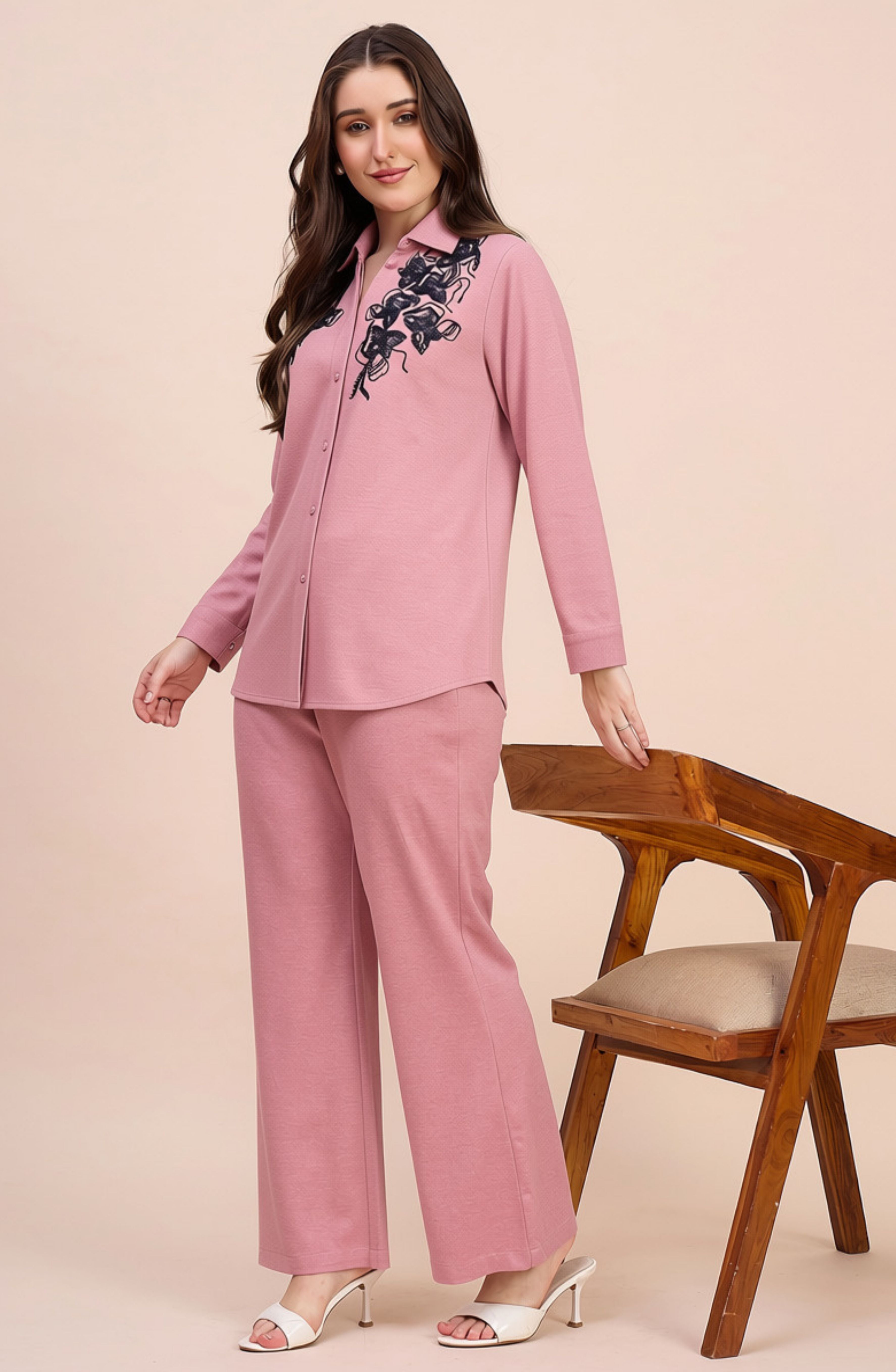 Dusty Pink Winter Co-ord Set with Navy Sequin Floral Embroidery