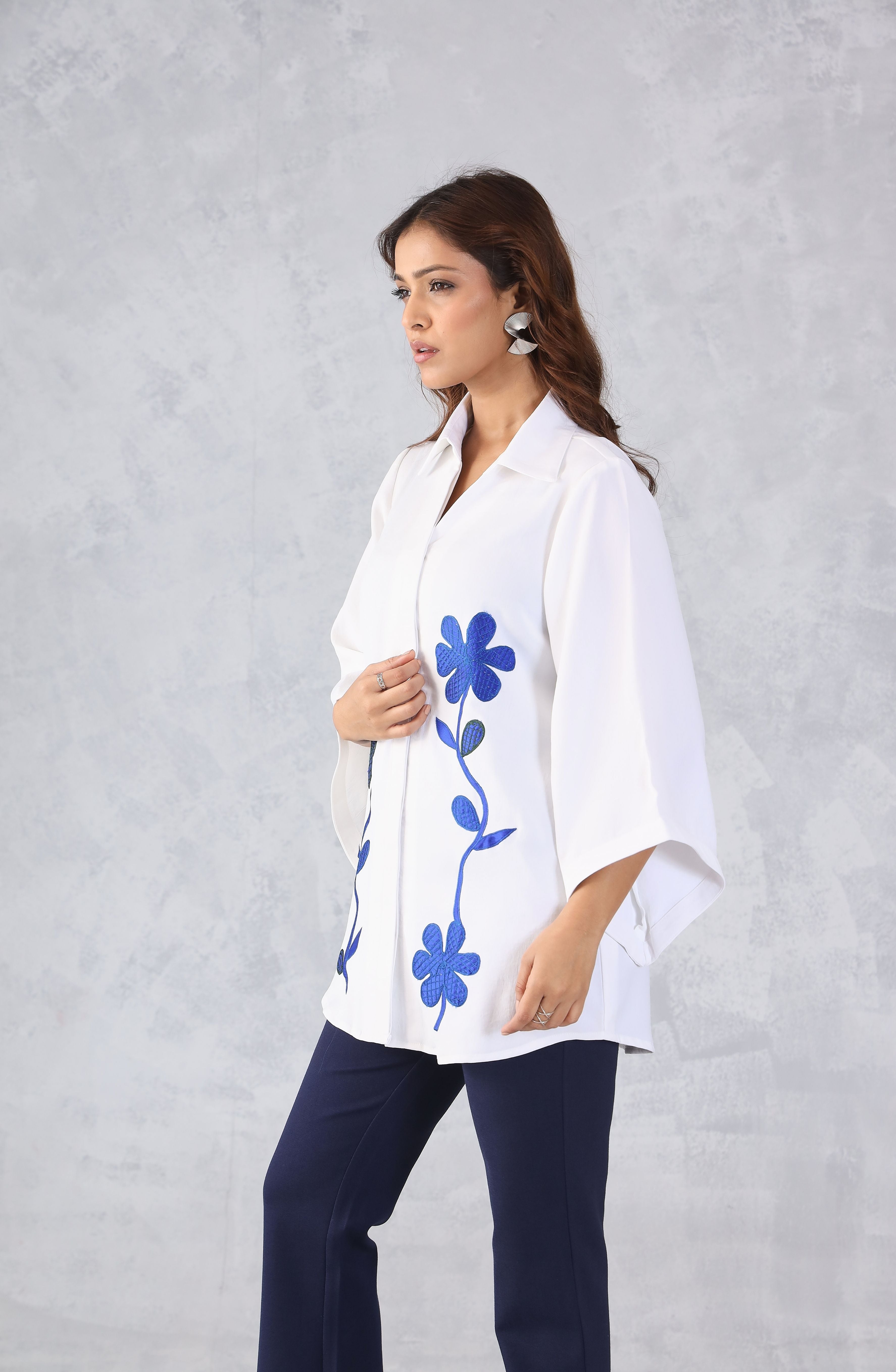 White Blue Petal Floral Embroidered Shirt