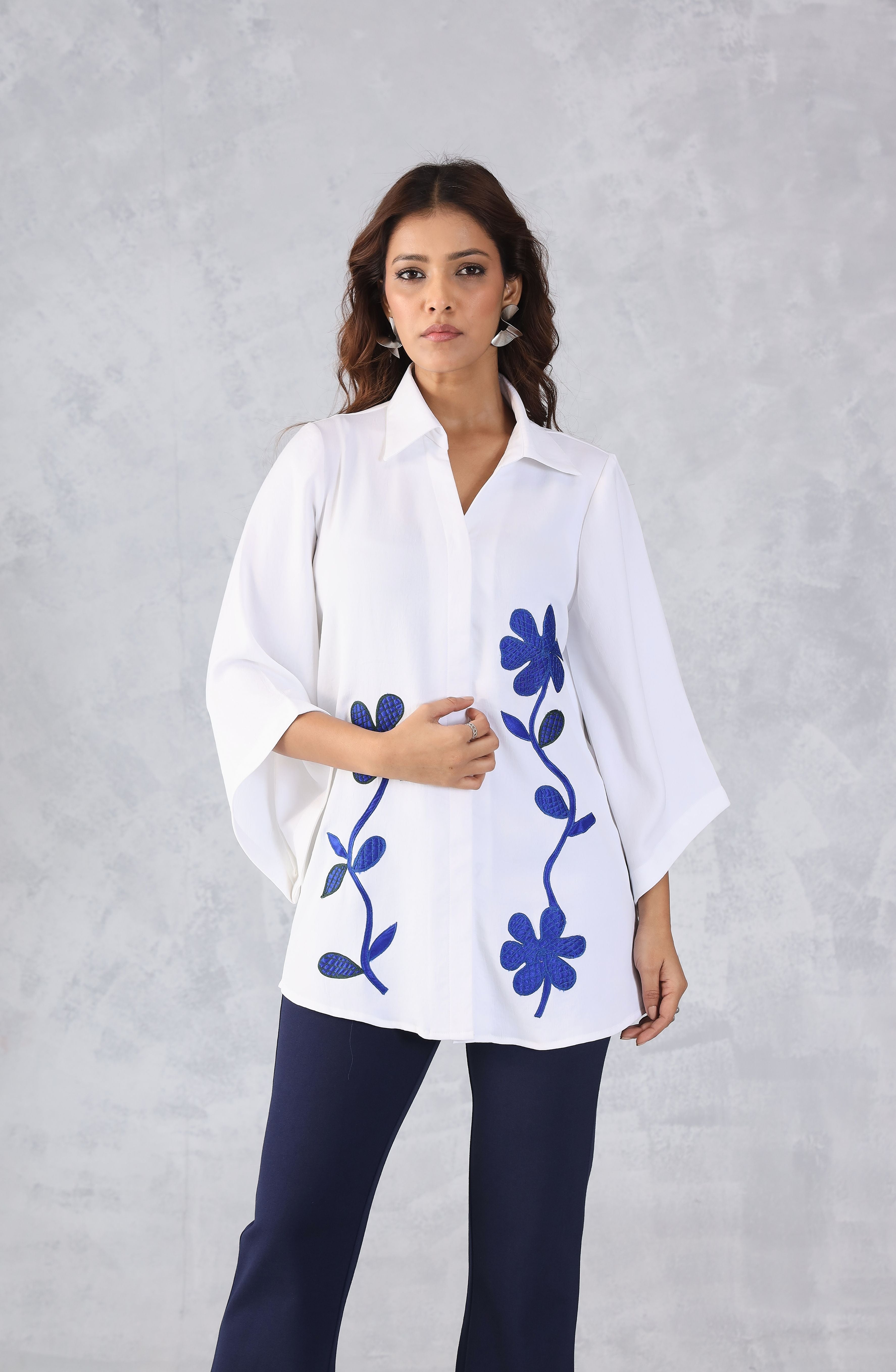 White Blue Petal Floral Embroidered Shirt