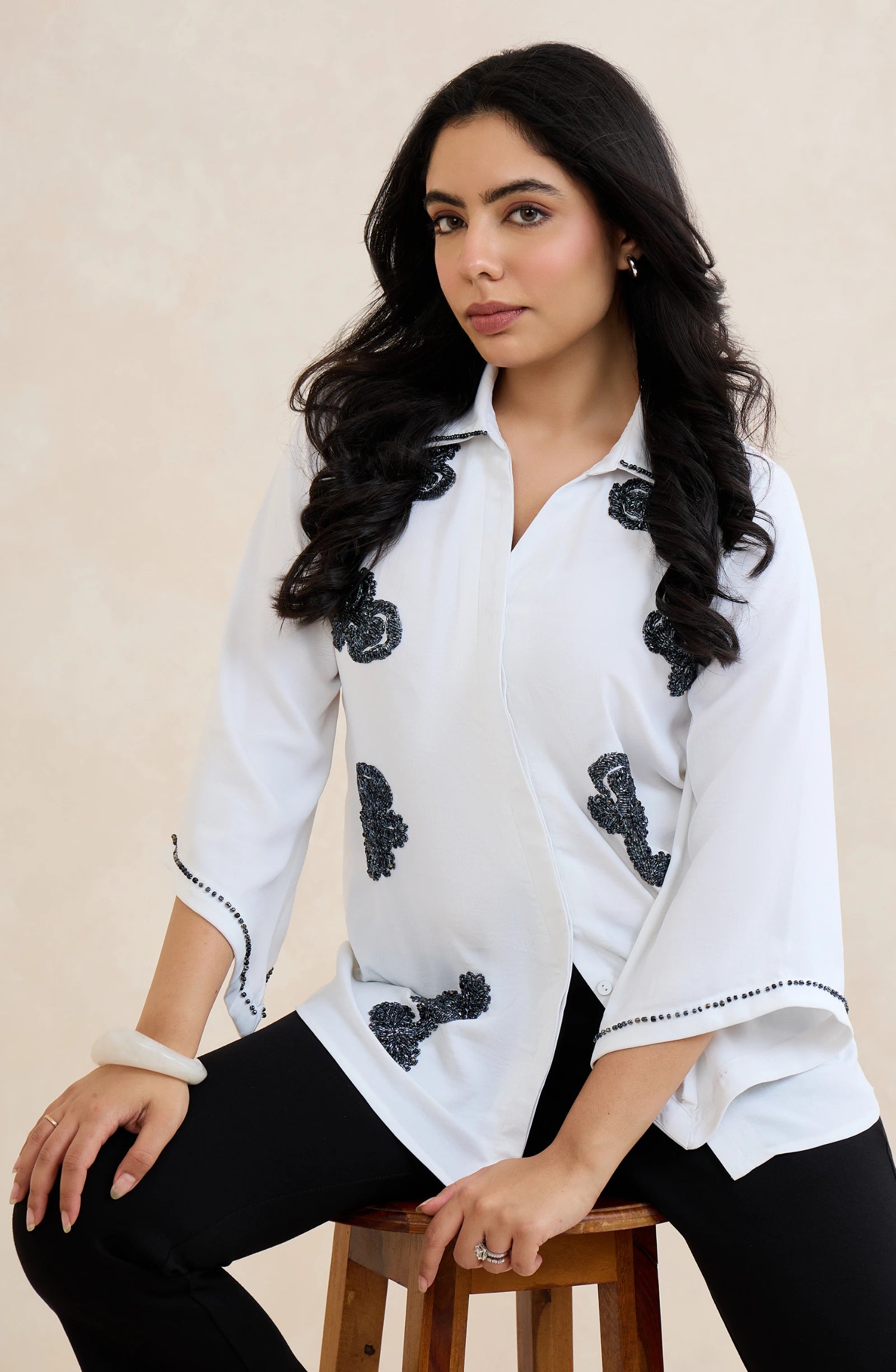White Floral Midnight Embellished Shirt