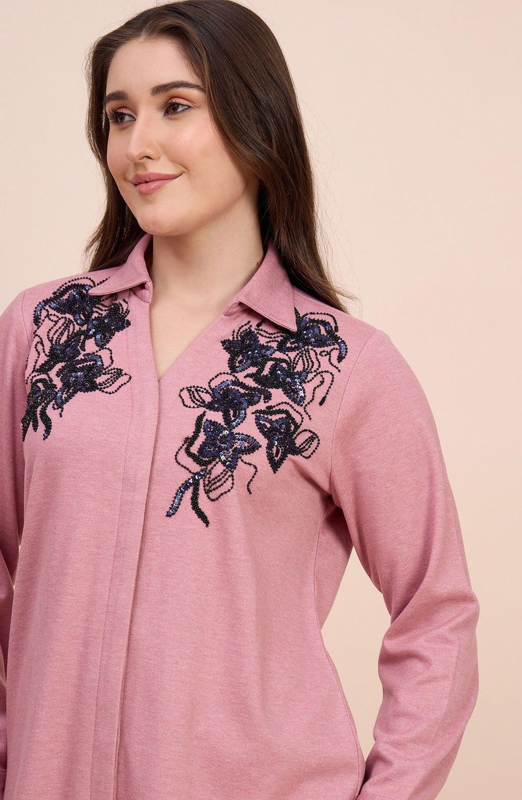 Dusty Pink Winter Co-ord Set with Navy Sequin Floral Embroidery