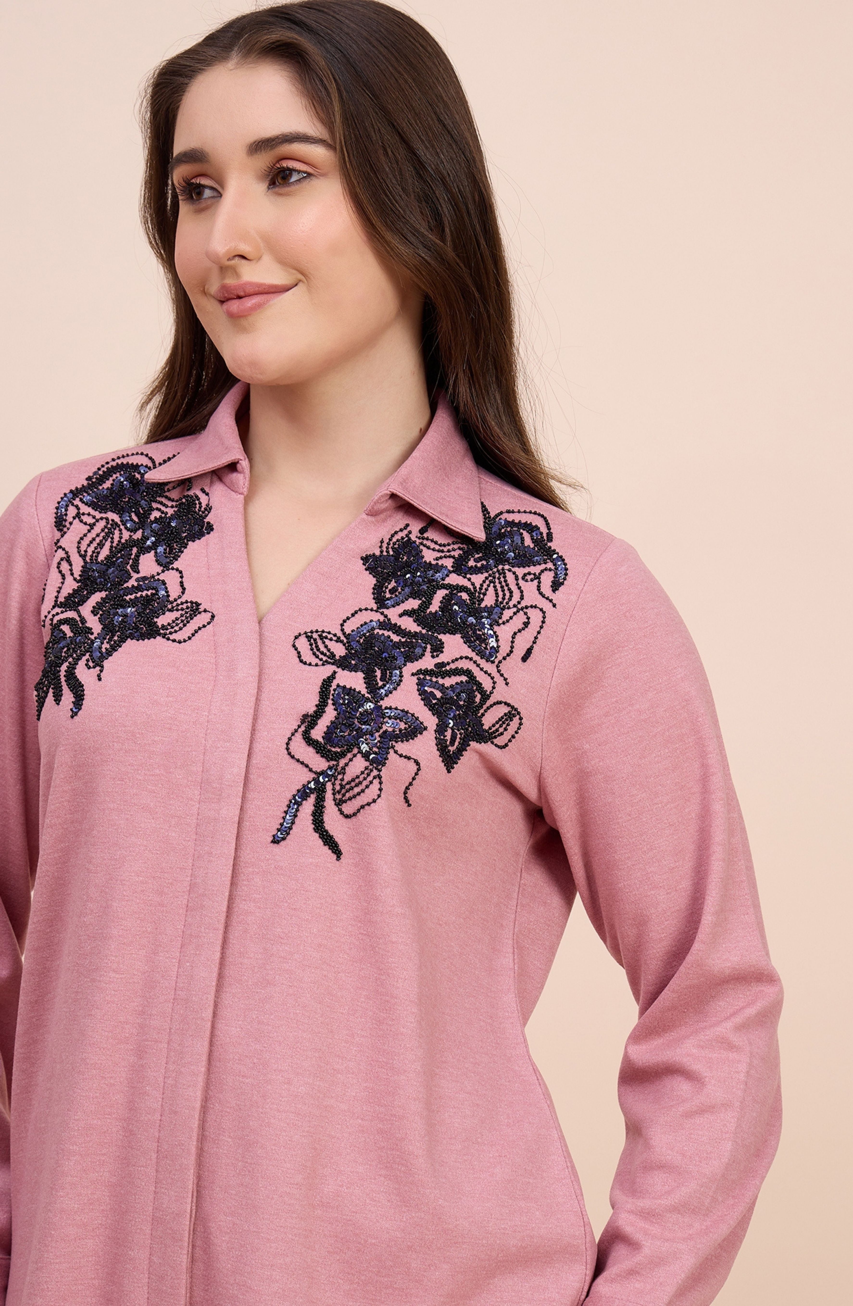 Dusty Pink Winter Co-ord Set with Navy Sequin Floral Embroidery
