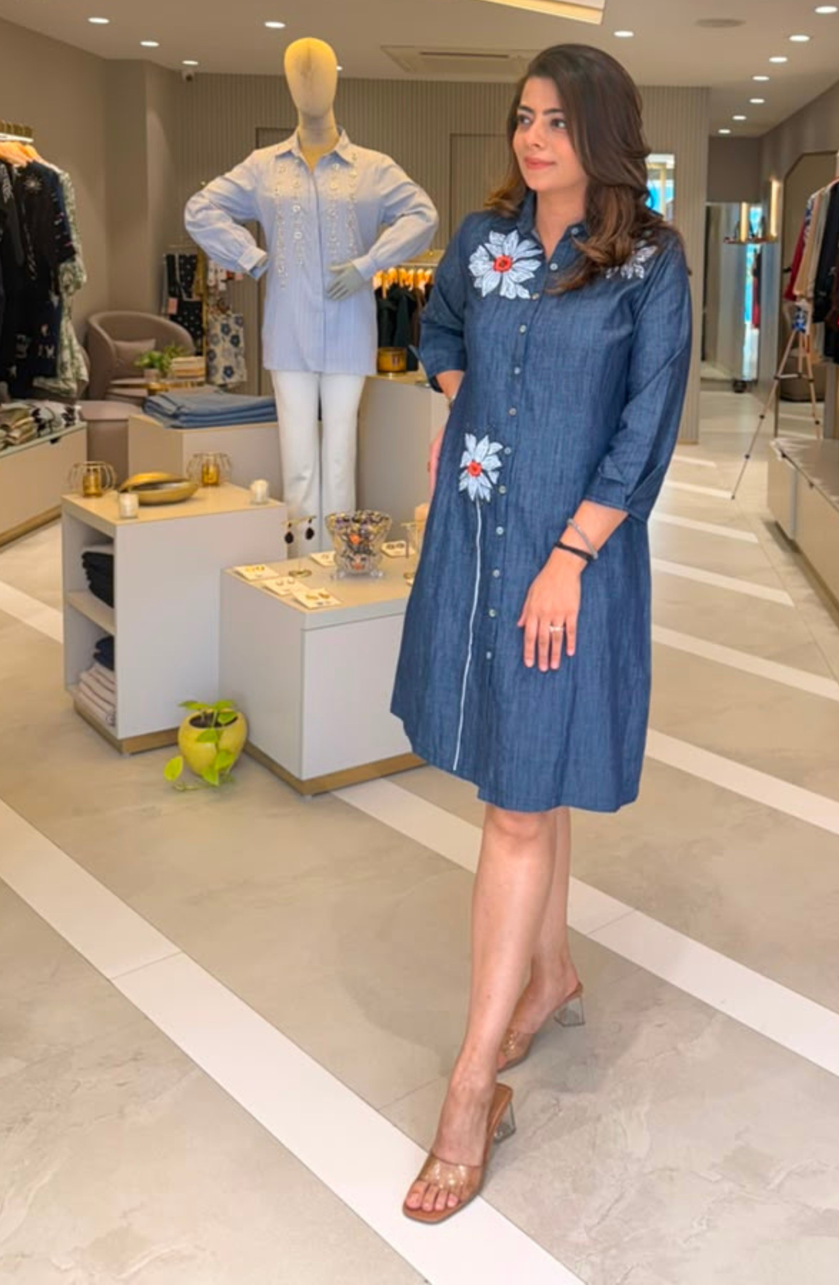 Dark Denim Floral Embroidered Shirt Dress