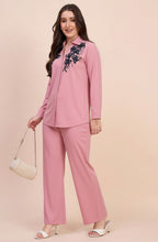 Dusty Pink Winter Co-ord Set with Navy Sequin Floral Embroidery