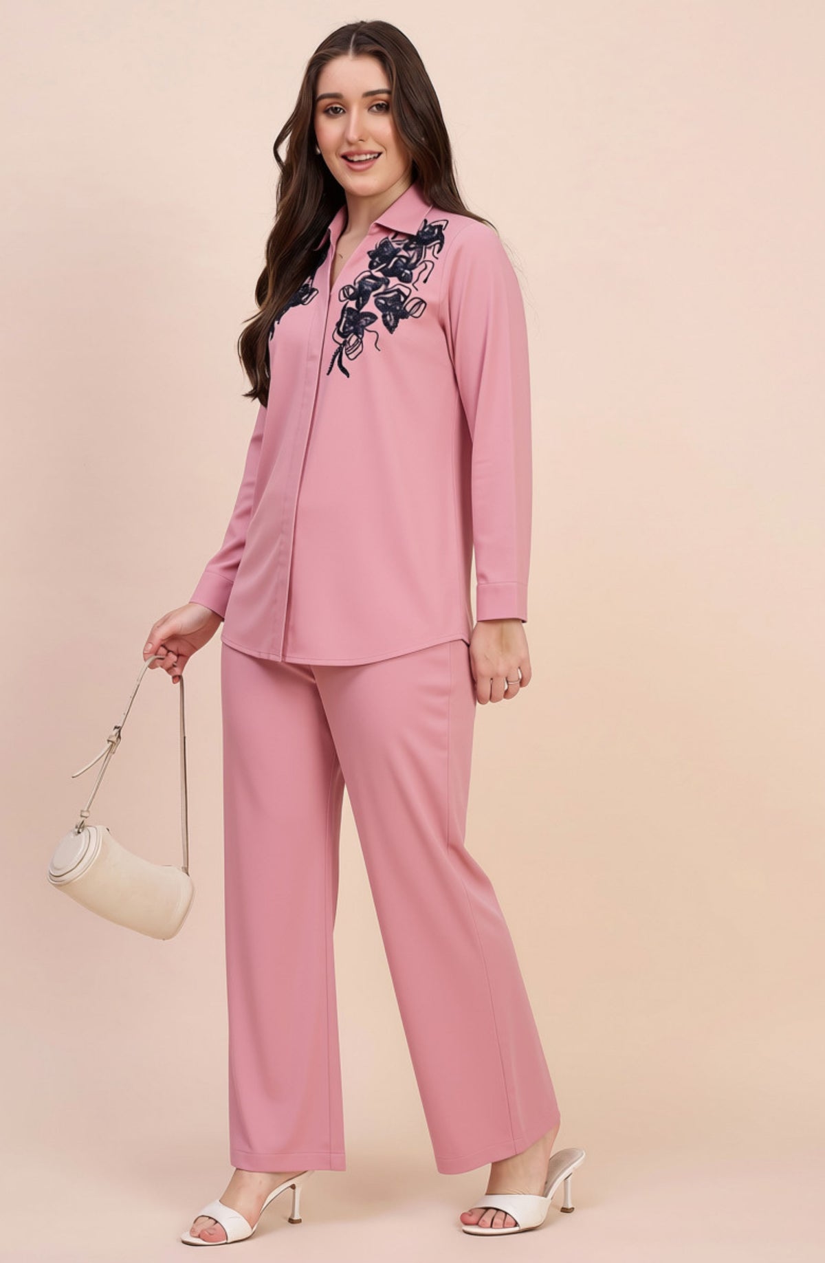 Dusty Pink Winter Co-ord Set with Navy Sequin Floral Embroidery