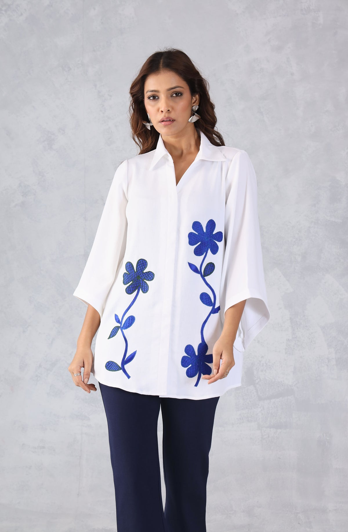 White Blue Petal Floral Embroidered Shirt
