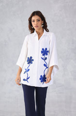 White Blue Petal Floral Embroidered Shirt