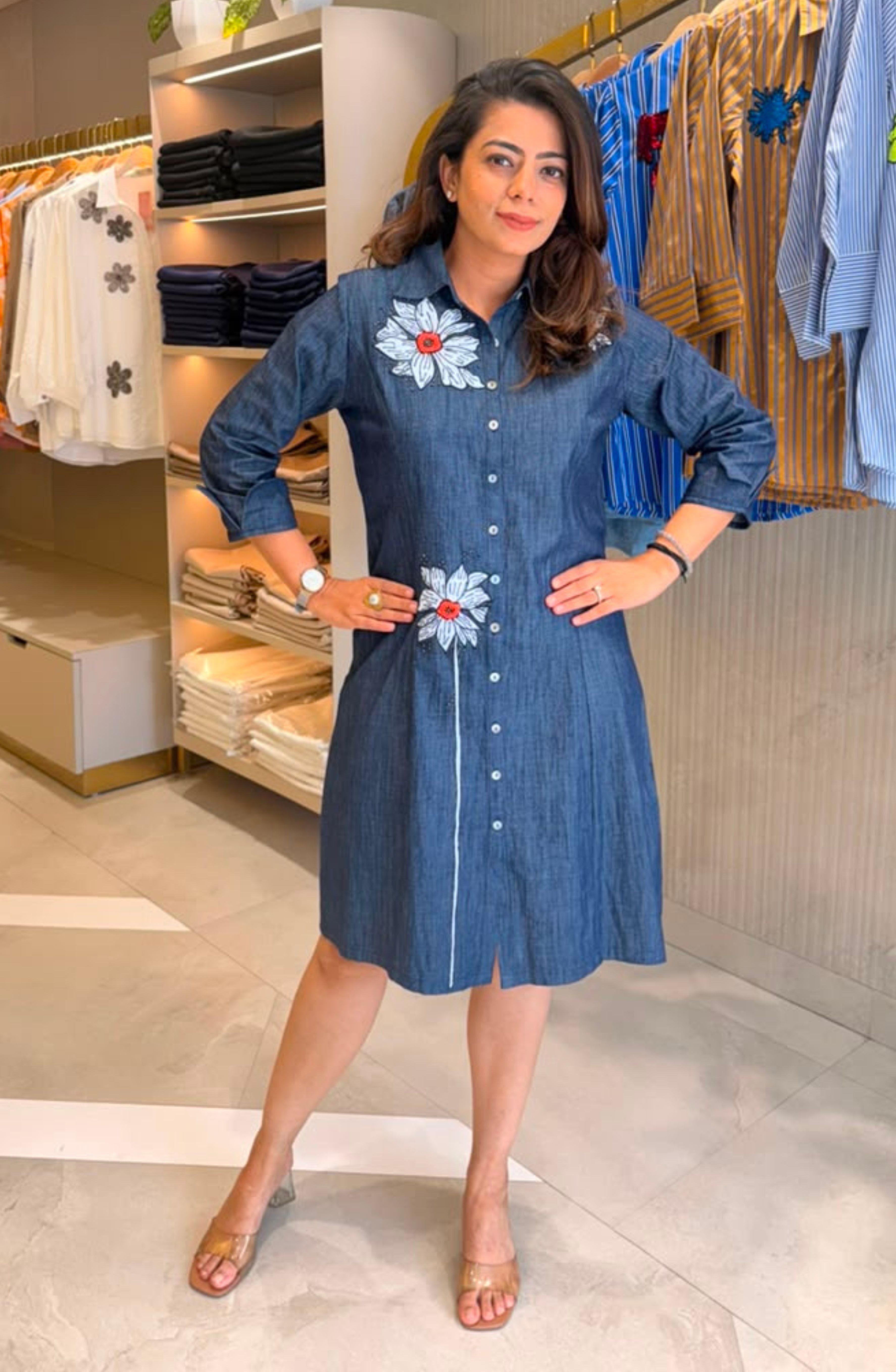 Dark Denim Floral Embroidered Shirt Dress