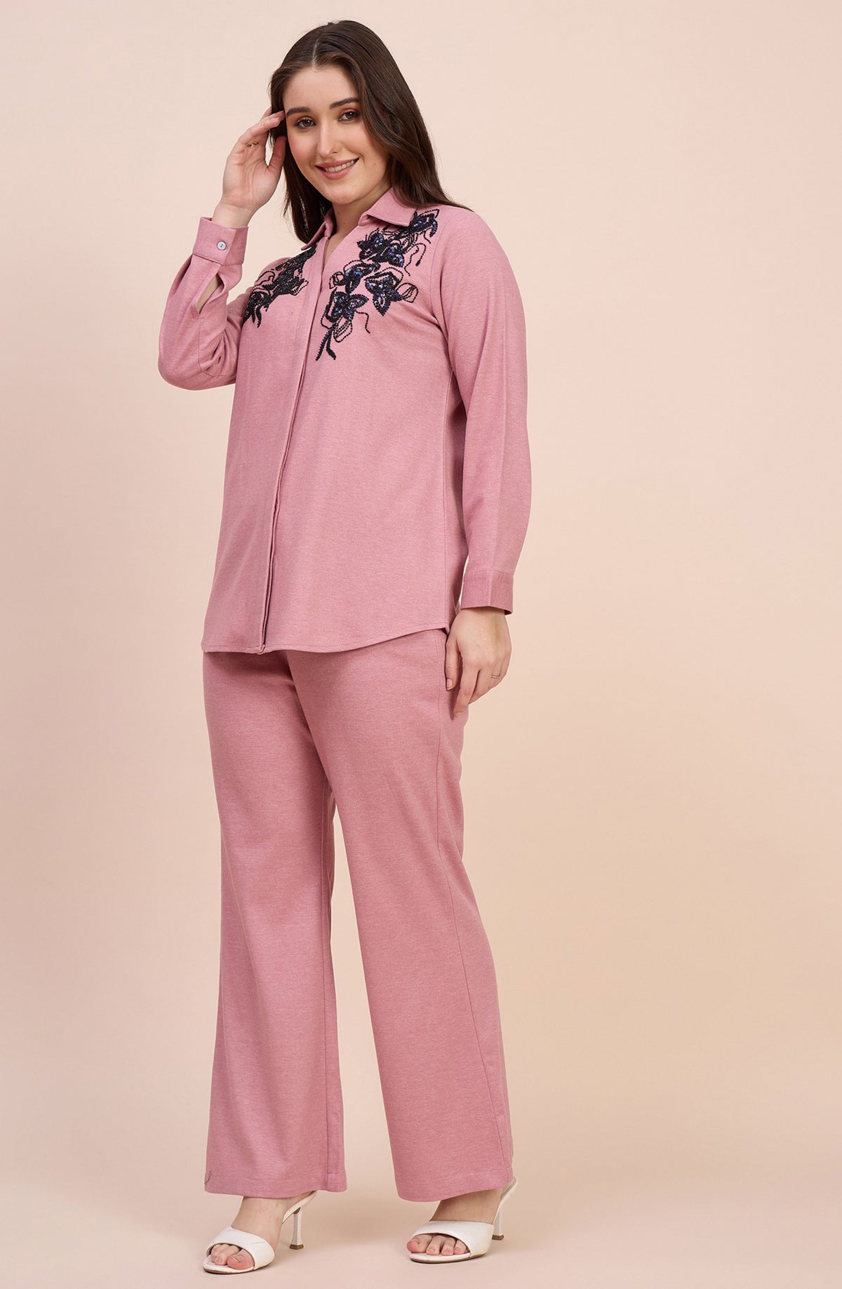 Dusty Pink Winter Co-ord Set with Navy Sequin Floral Embroidery