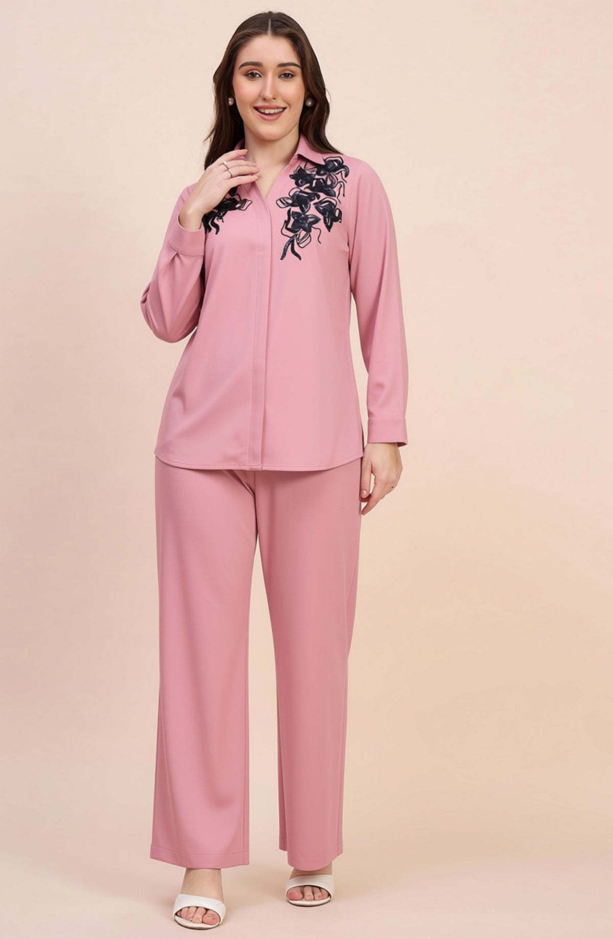 Dusty Pink Winter Co-ord Set with Navy Sequin Floral Embroidery
