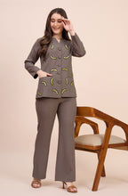Taupe Co-ord Set with Yellow Sequin Crescent Motifs