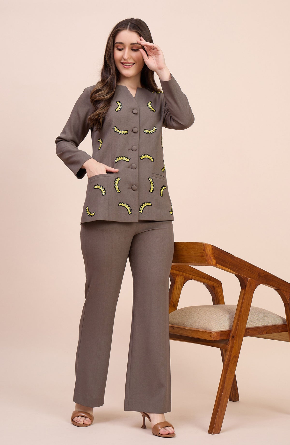 Taupe Co-ord Set with Yellow Sequin Crescent Motifs