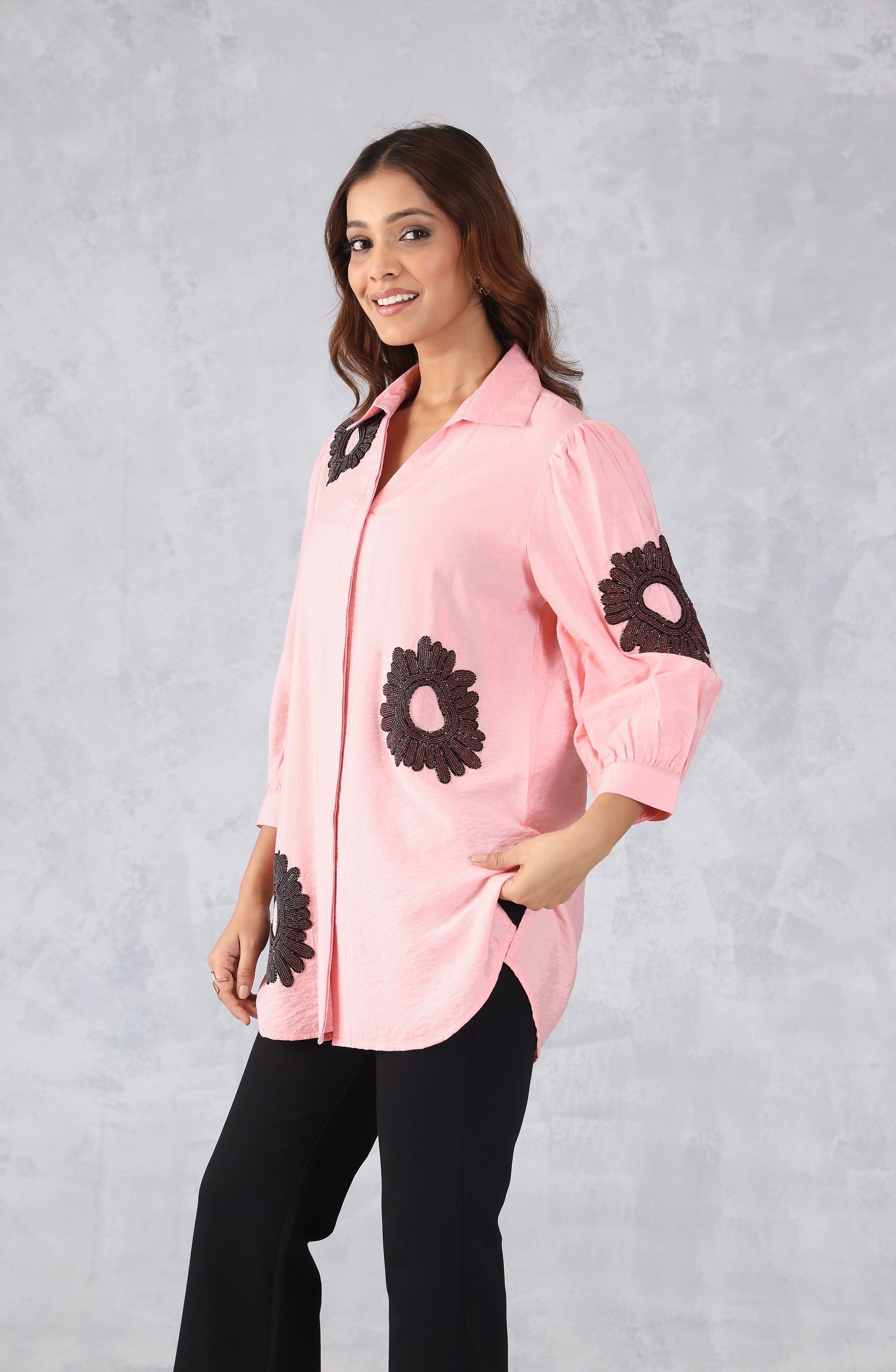 Pink Floral Embellished Shirt