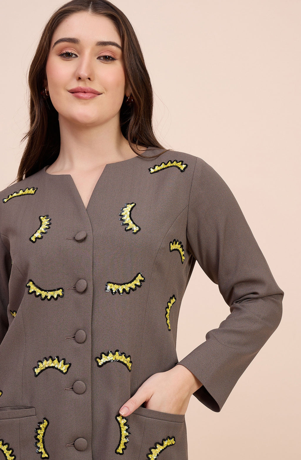 Taupe Co-ord Set with Yellow Sequin Crescent Motifs