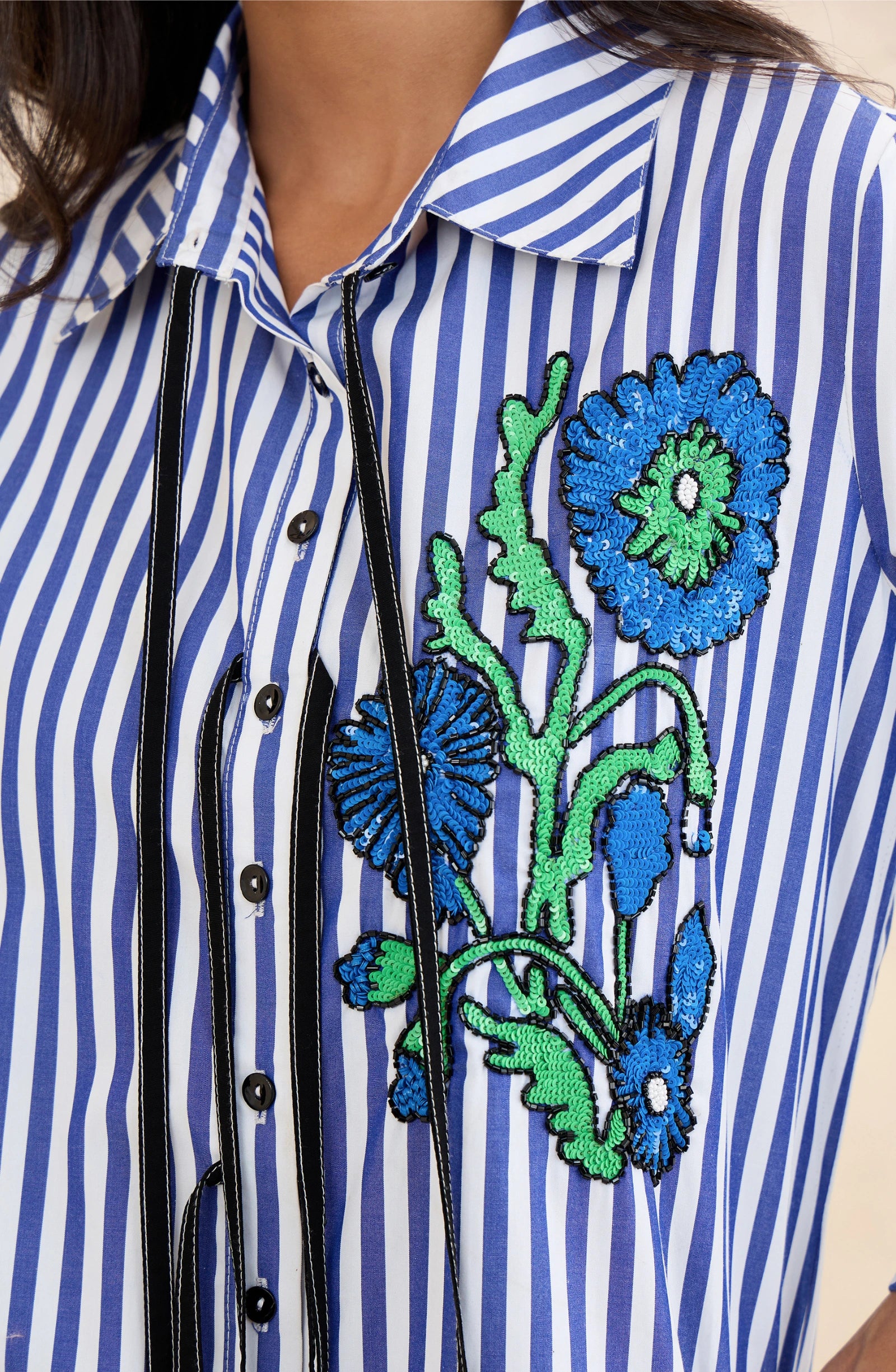 Blue Floral Embellished Stripes Shirt