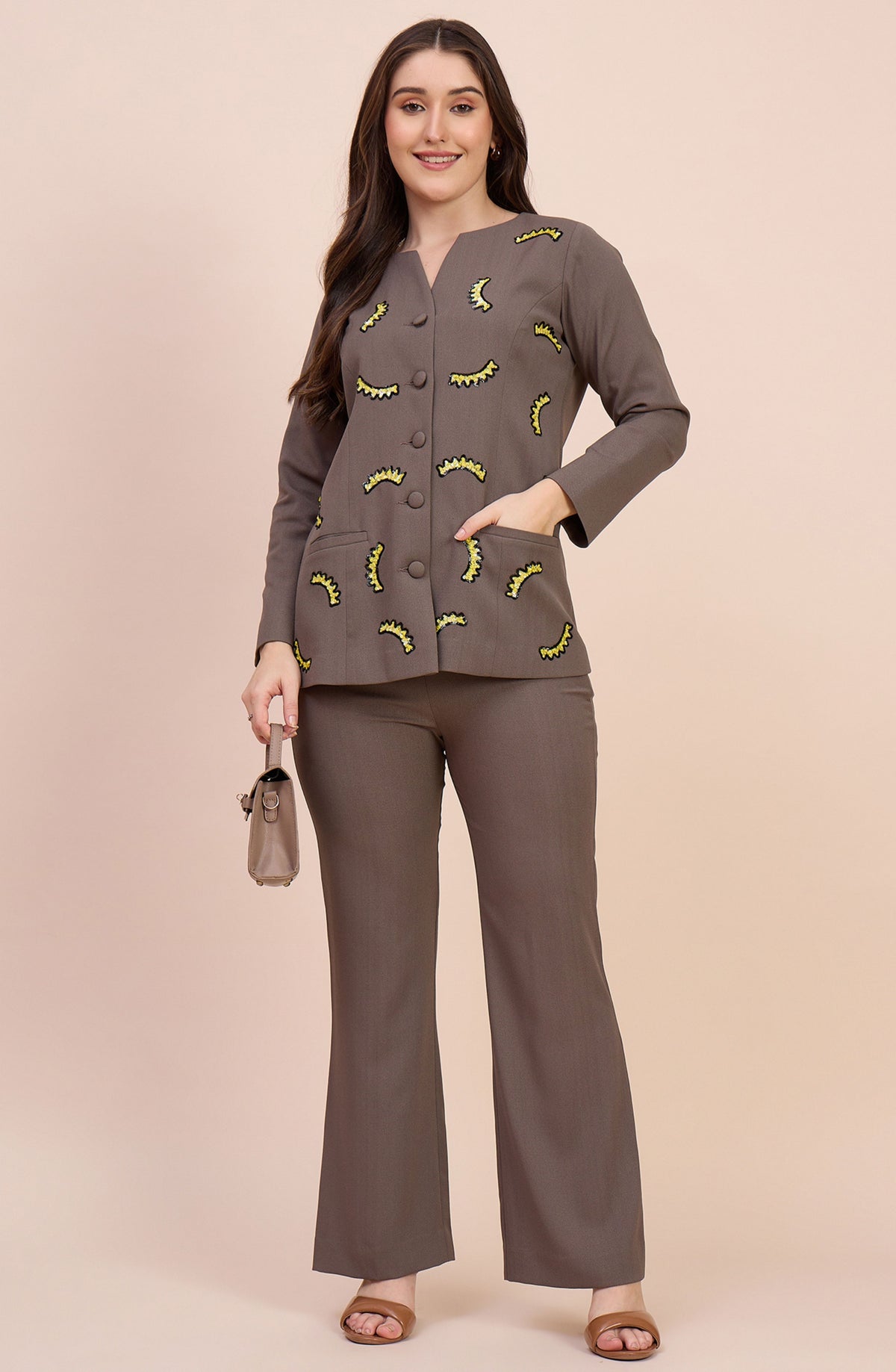Taupe Co-ord Set with Yellow Sequin Crescent Motifs