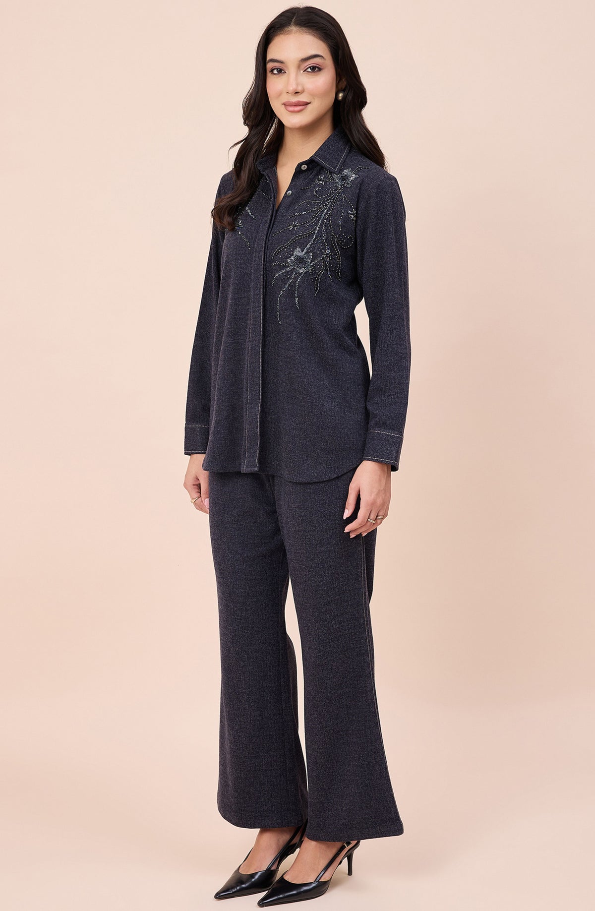 Dark Grey Woollen Embellished Co-ord Set