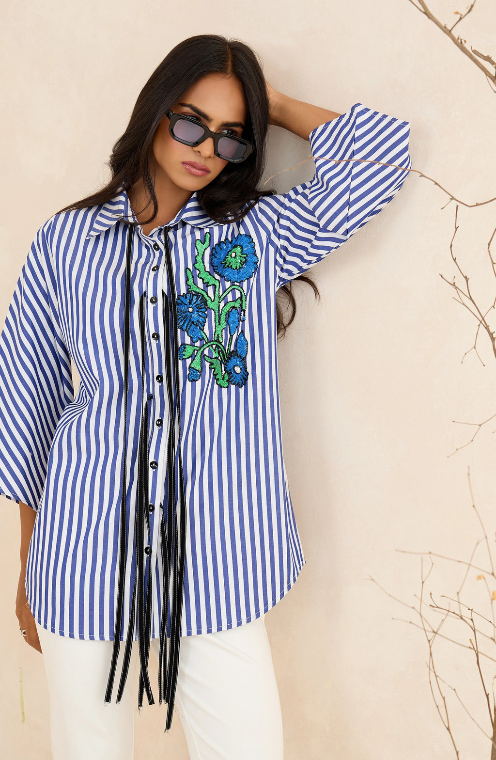 Blue Floral Embellished Stripes Shirt
