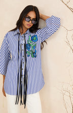 Blue Floral Embellished Stripes Shirt