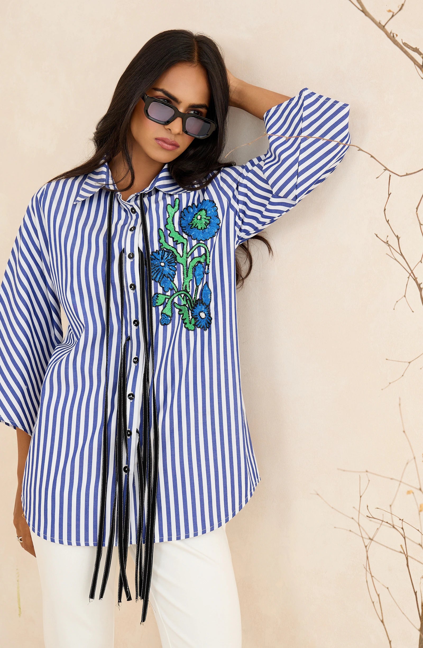 Blue Floral Embellished Stripes Shirt