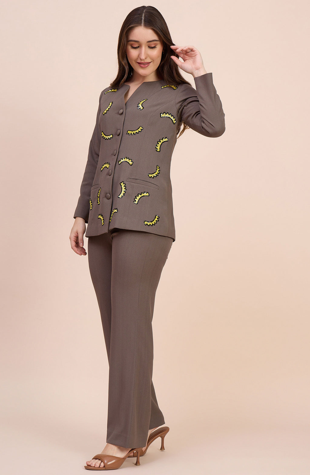 Taupe Co-ord Set with Yellow Sequin Crescent Motifs