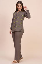 Taupe Co-ord Set with Yellow Sequin Crescent Motifs