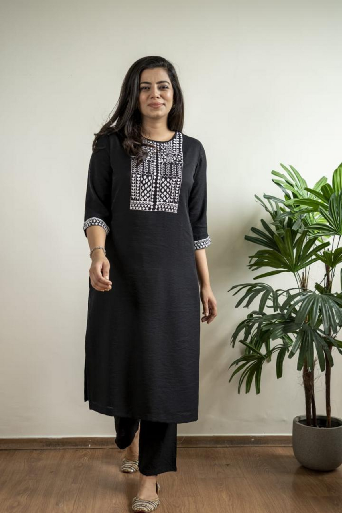 Black Kurta Set with Intricate White Embroidery