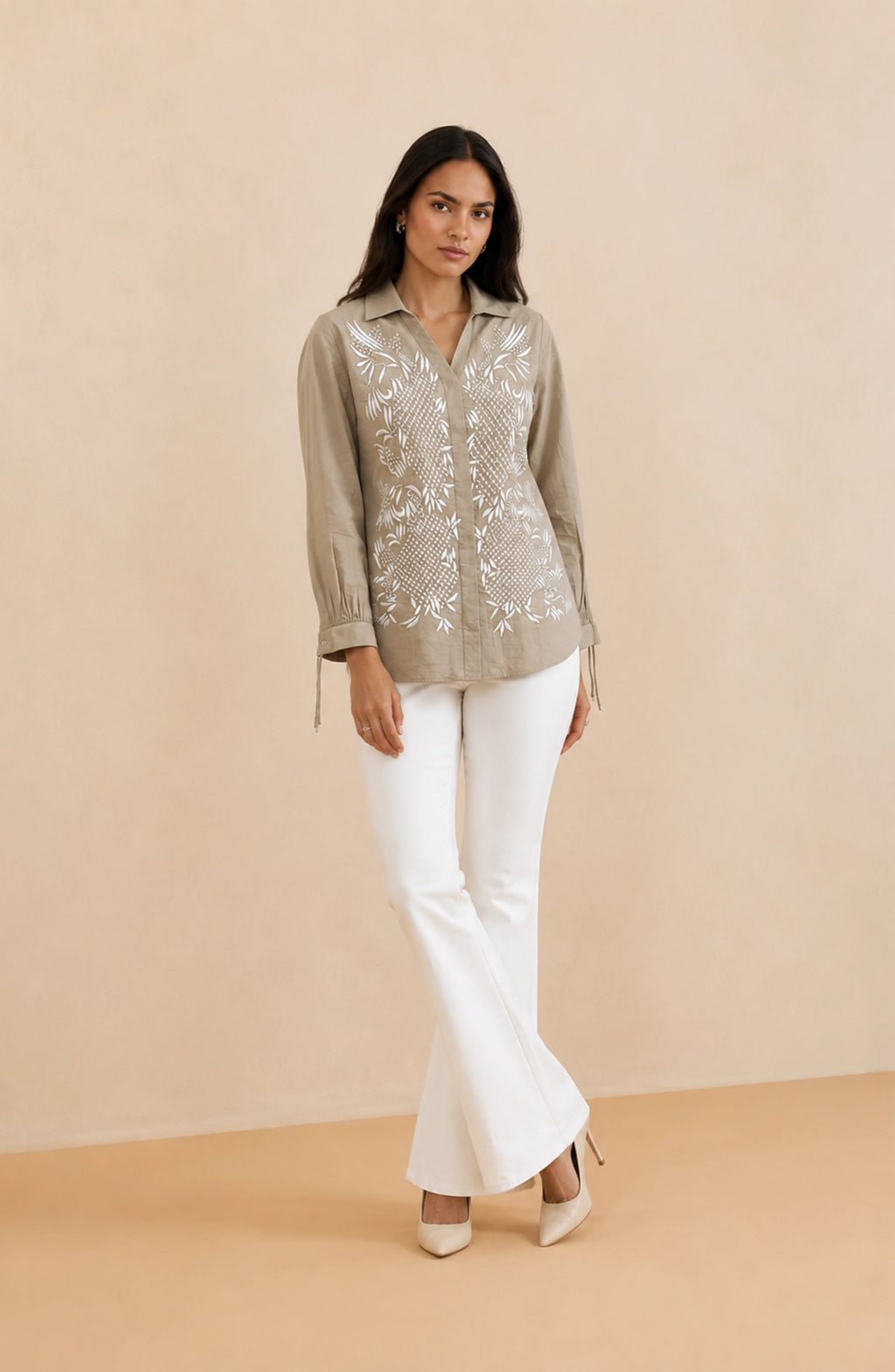 Beige Cotton Linen Embroidered Shirt
