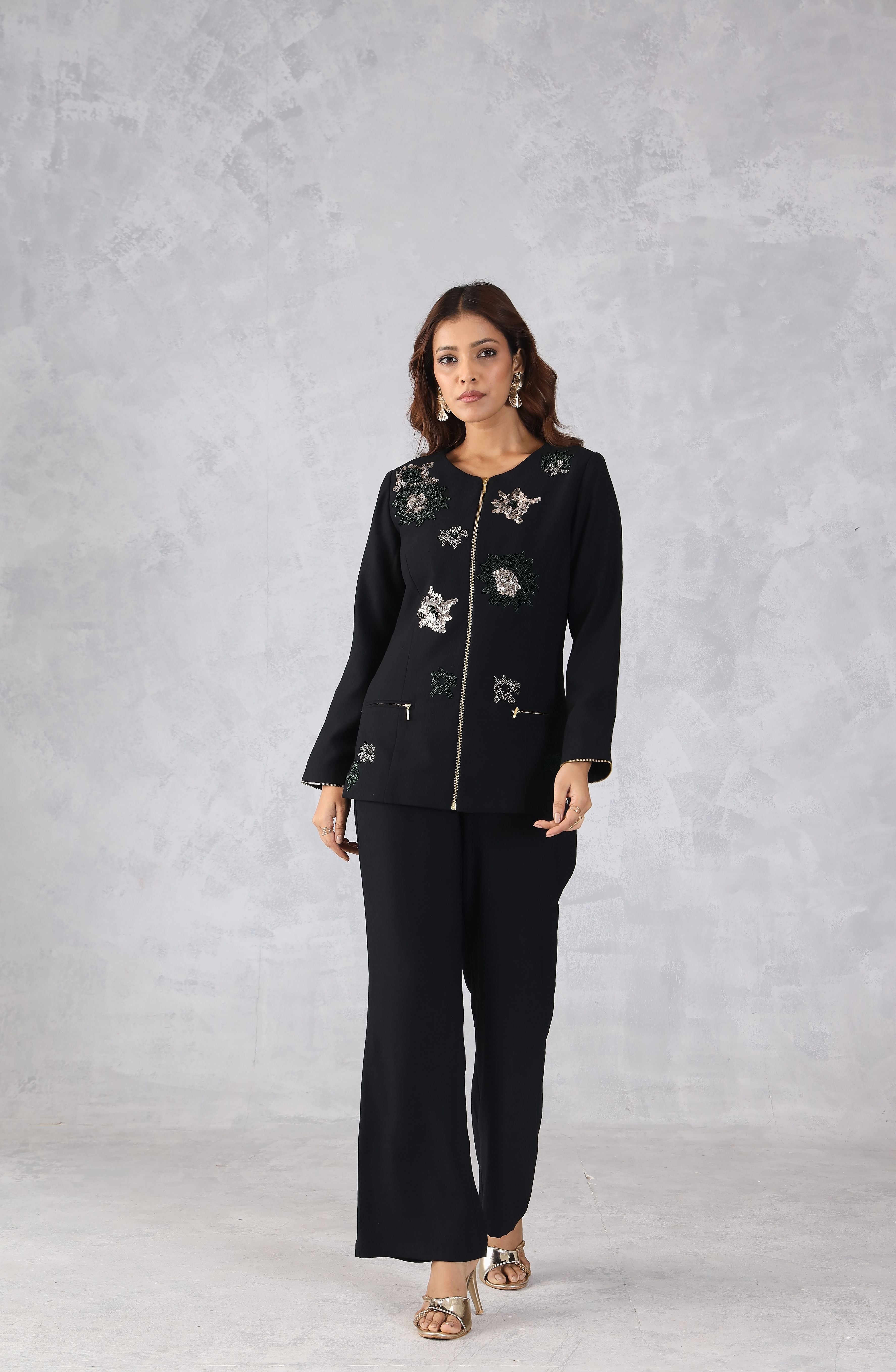 Black Embellished Zip-Front Co-Ord
