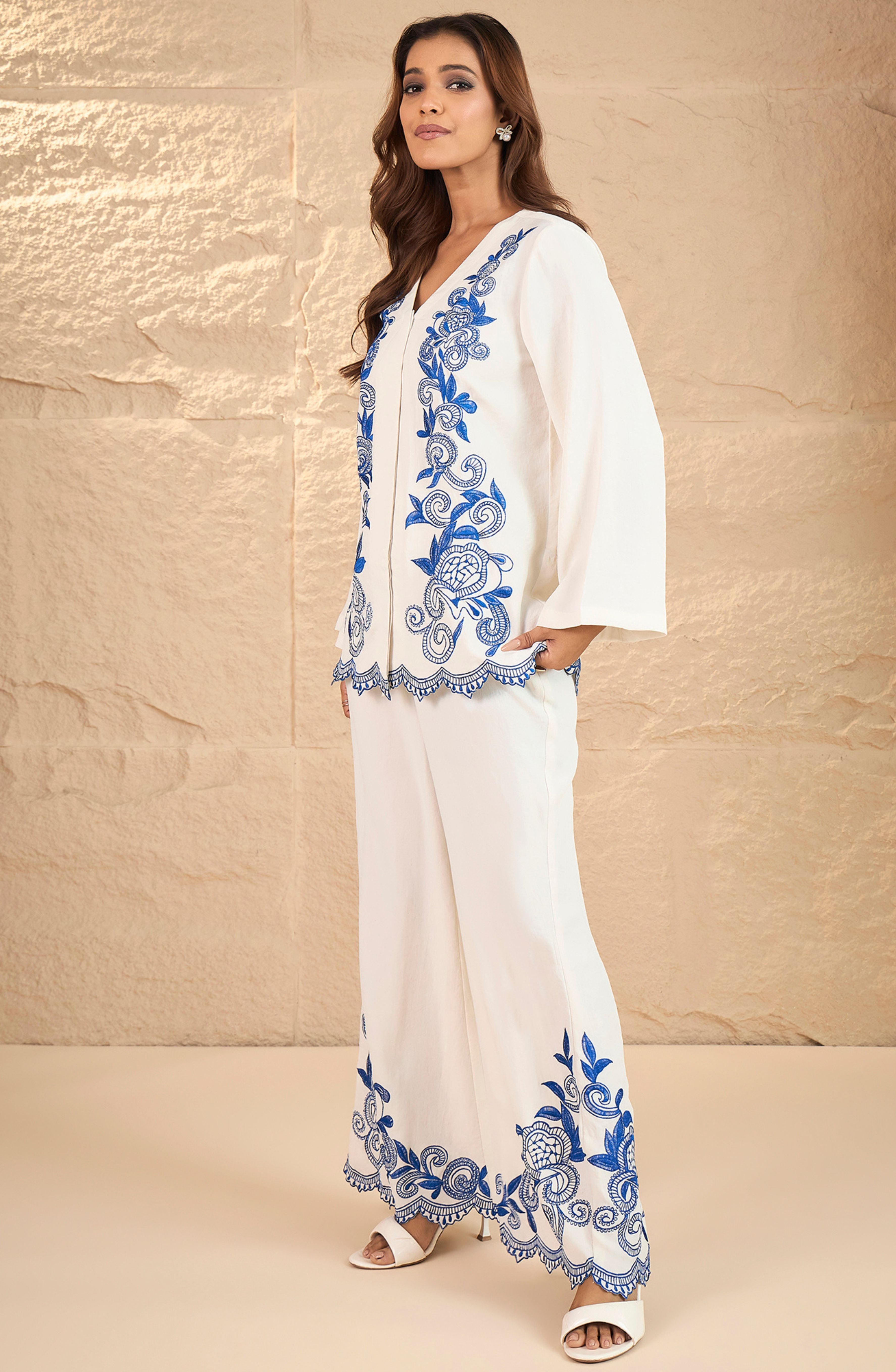 White and Blue Embroidered Co-Ord Set