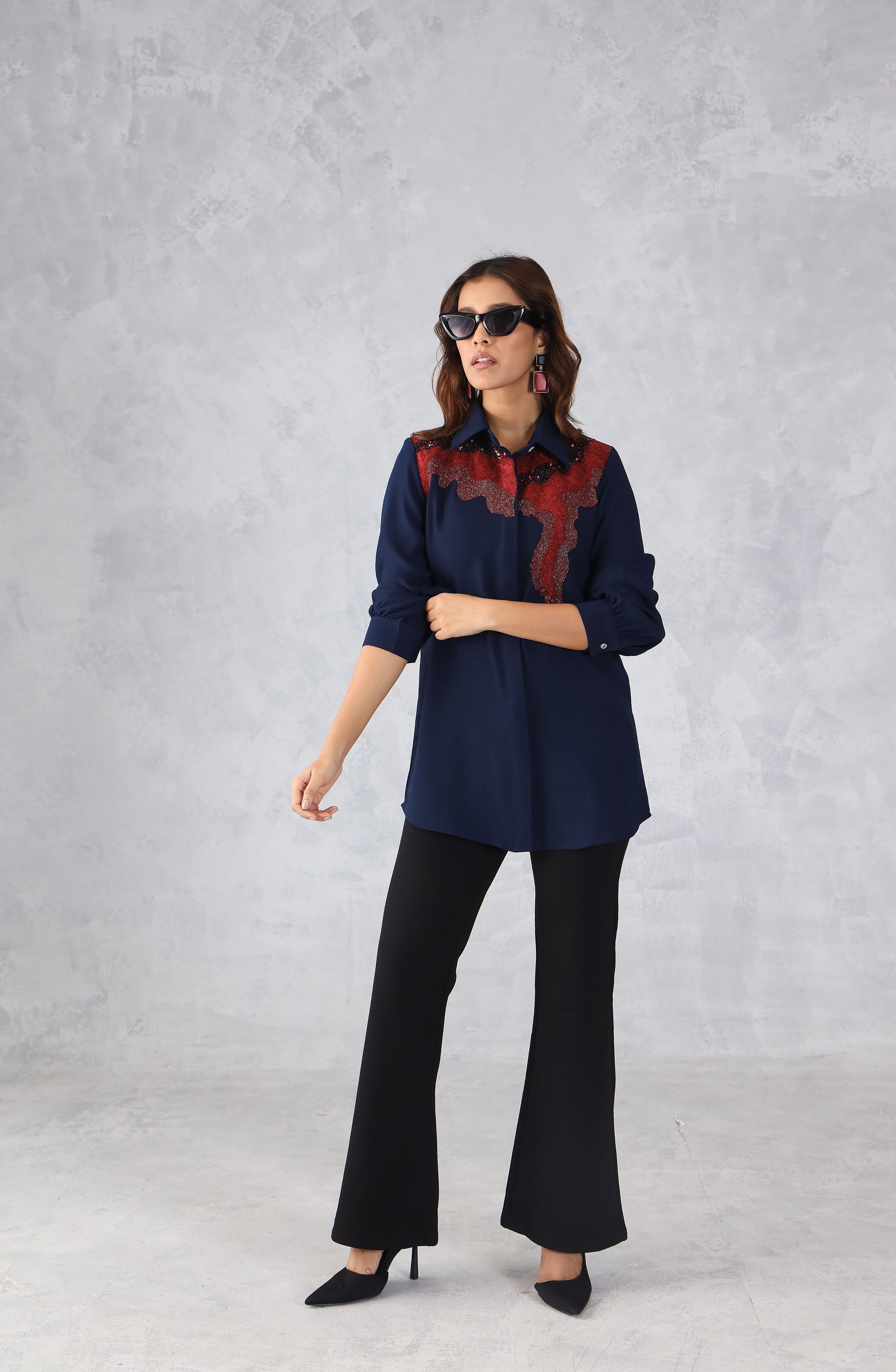 Navy Blue & Red Abstract Embellished Shirt