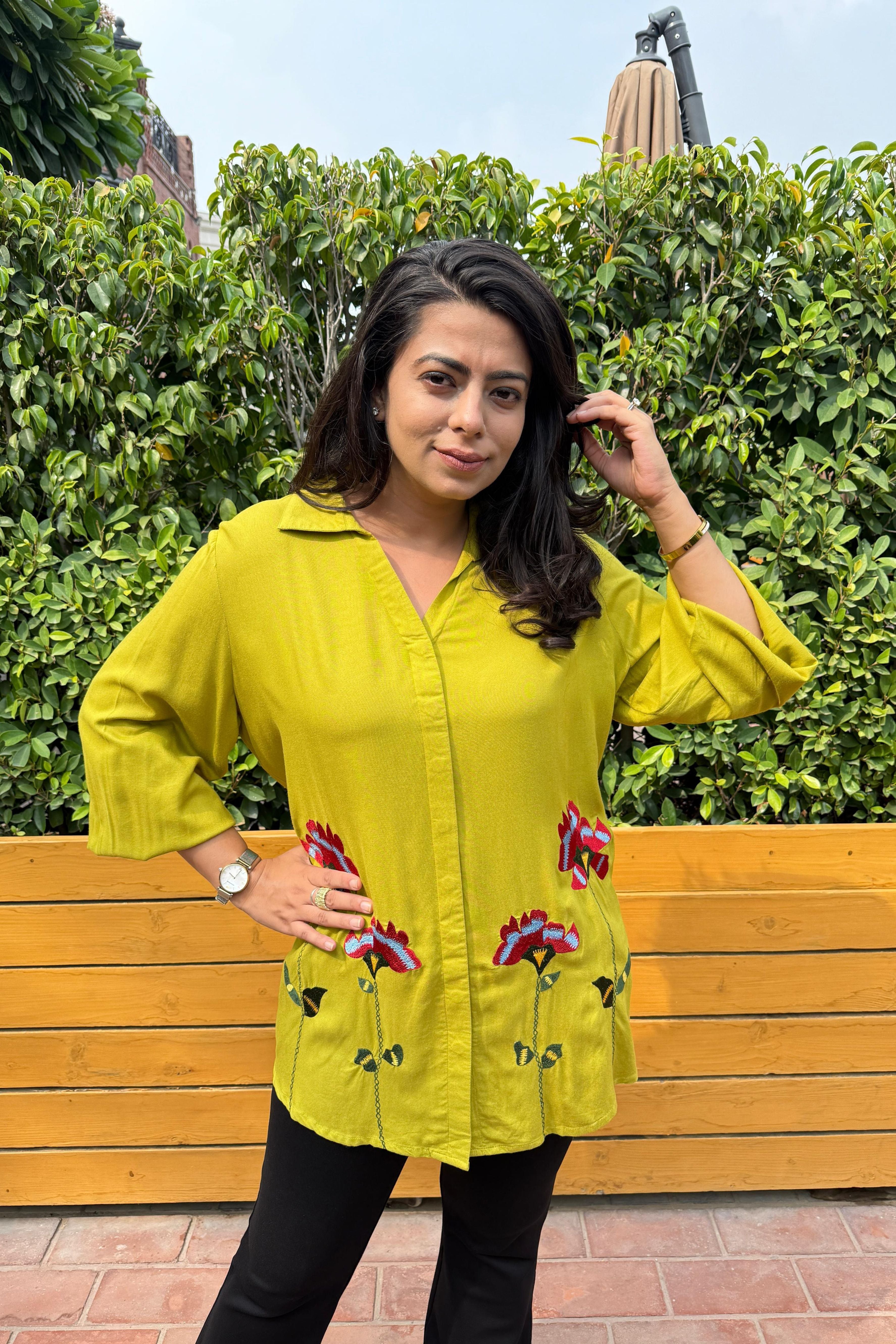 Mustard Floral Embroidered Shirt