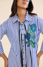 Blue Floral Embellished Stripes Shirt
