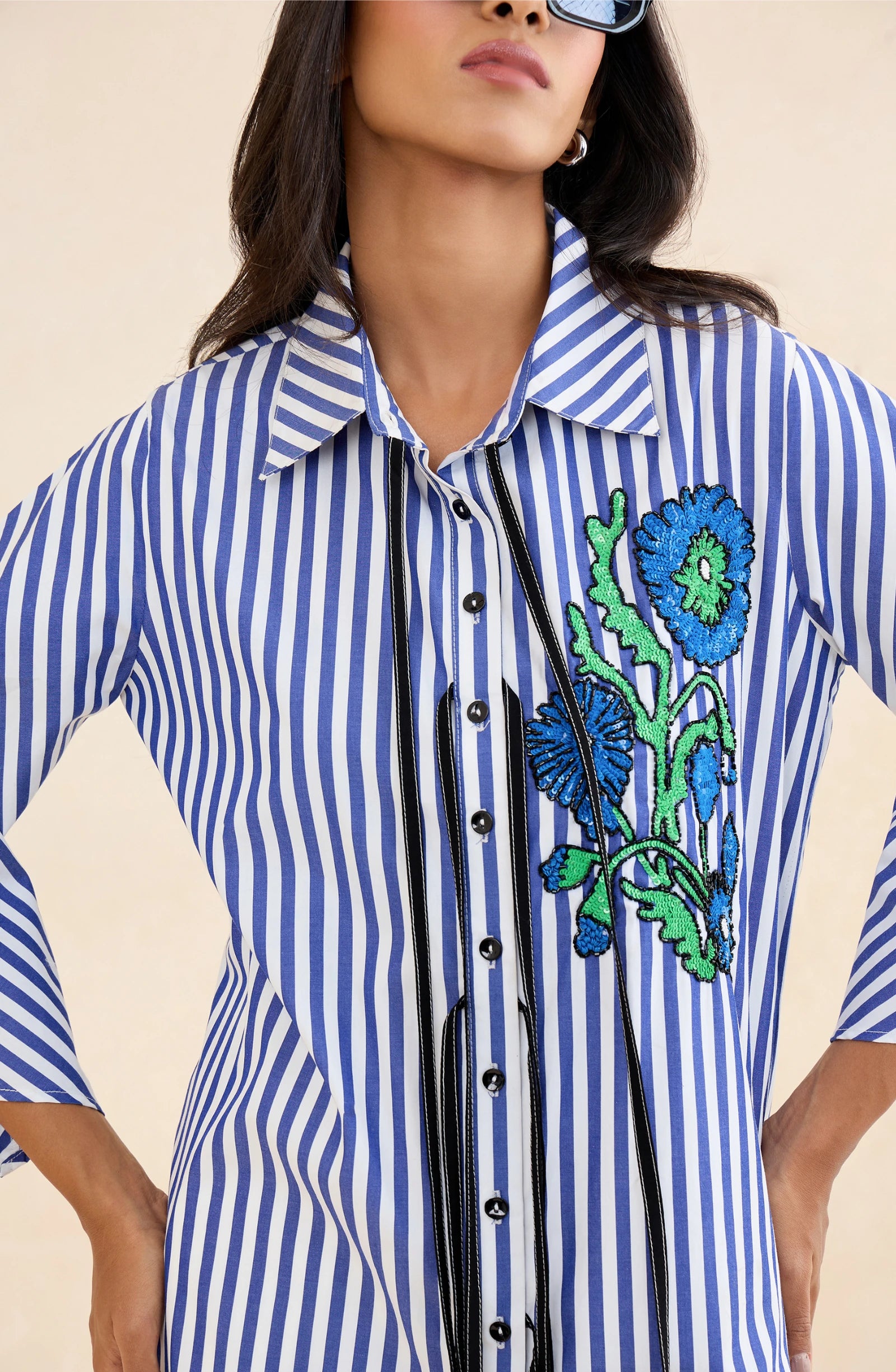 Blue Floral Embellished Stripes Shirt