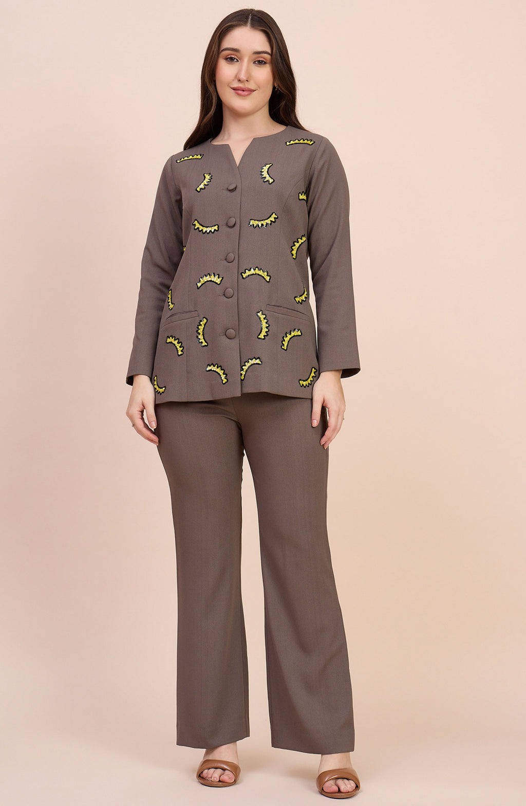 Taupe Co-ord Set with Yellow Sequin Crescent Motifs